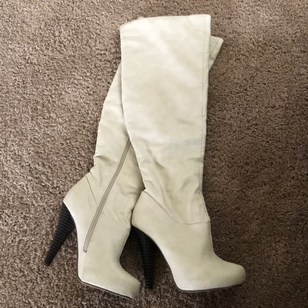 Nude Over The Knee Faux Leather Heeled Boots